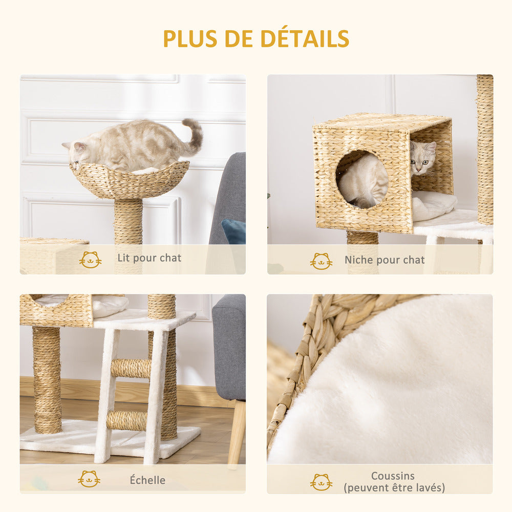 PawHut Arbre à Chat Style Cosy Chic Griffoirs Quenouille Beige - 57l X 37l X 100,5h Cm