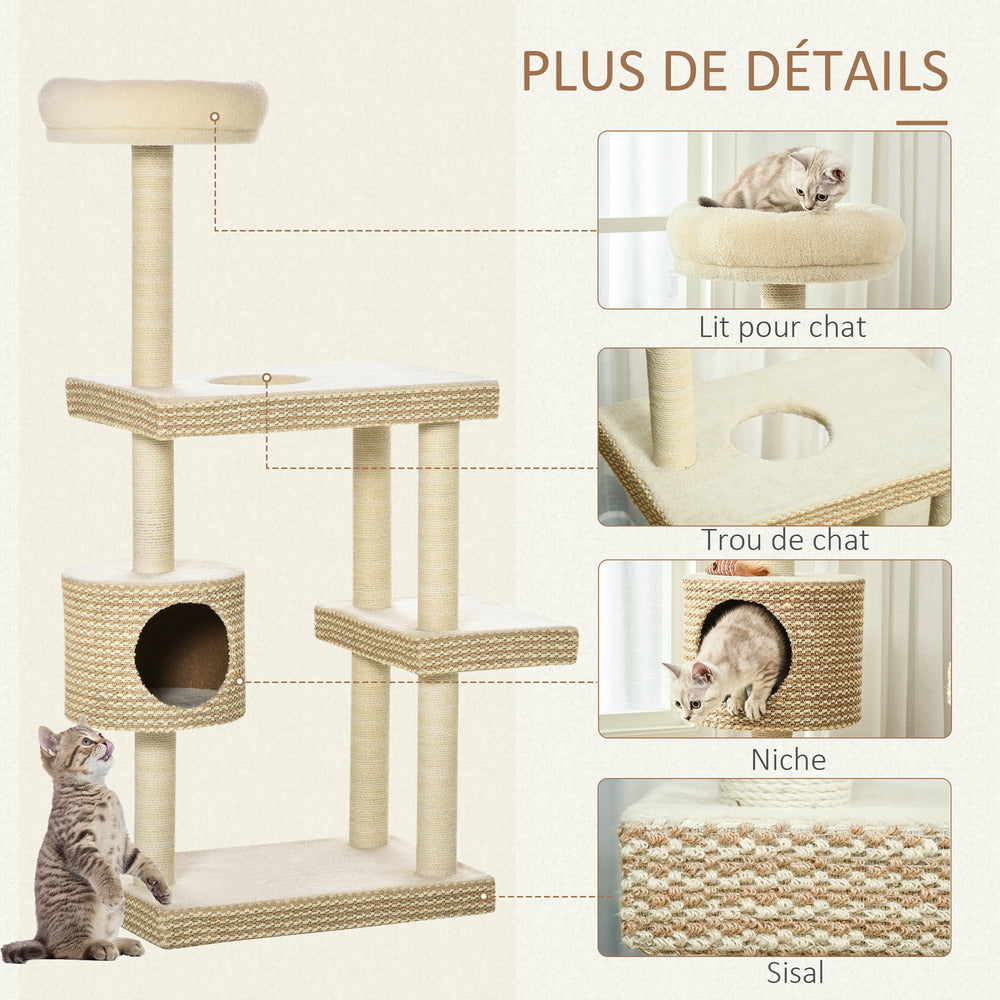 PawHut Arbre à Chats Style Cosy Chic Griffoirs Beige Café - 60l X 40l X 135h Cm