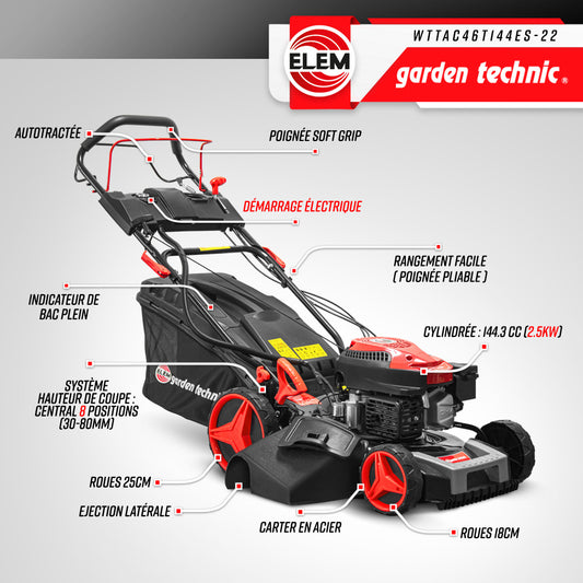 Tondeuse Thermique Autotractée 144.3cc - 46cm Avec Démarrage électrique -mulchin