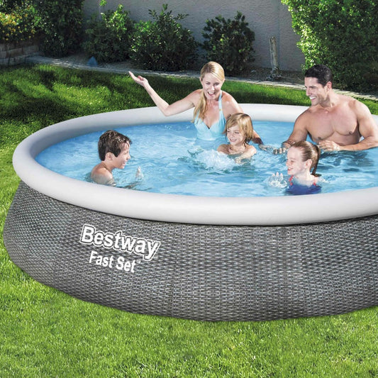 Piscine Gonflable Hors Sol Aral Imitation Rotin. Ronde 396x84cm Avec Pompe De Filtration. Filtre à Cartouche Et Cartouche Filtrante