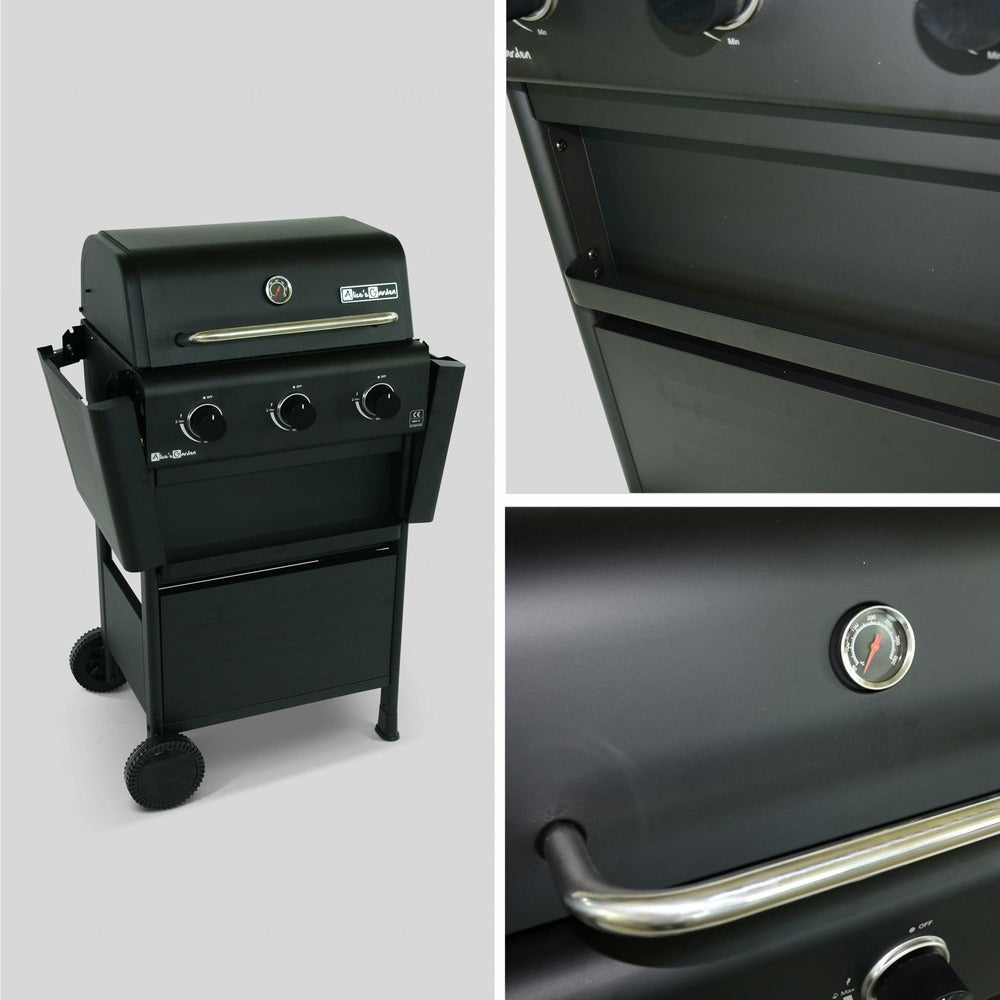 Barbecue Gaz 3 Brûleurs. Tablettes Rabattables - Bonacieux - Noir. Avec Rangement