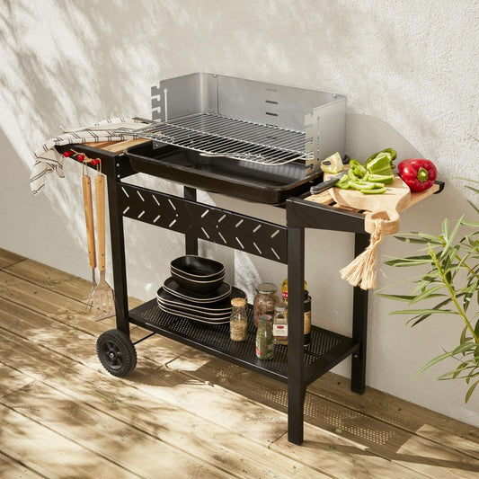 Barbecue Au Charbon - Alfred - Noir Et Gris. Hauteur De Grille Ajustable. Cuve émaillée. Tablettes En Bois. Étagère Et Crochets