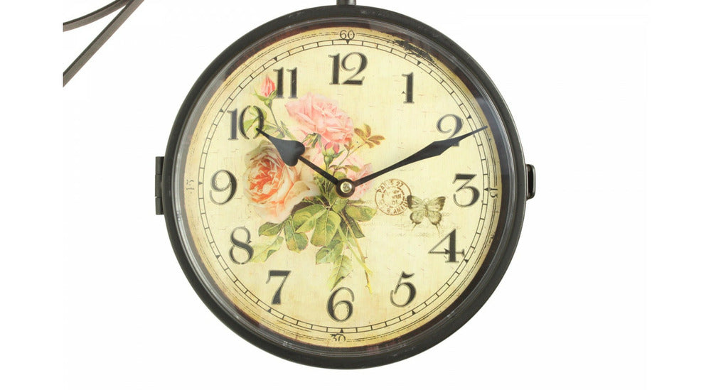 Horloge De Gare Ancienne Double Face Bouquet De Roses 24cm - Fer Forgé - Blanc