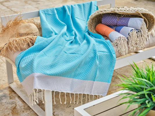 Fouta En Coton Petit Losange 100x200cm Turquoise