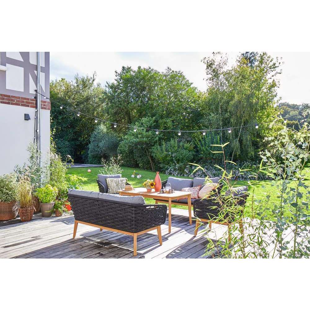 Salon De Jardin COMÈTE Alu Gris/bois - 2 Canapés, 1 Table, 2 Fauteuils