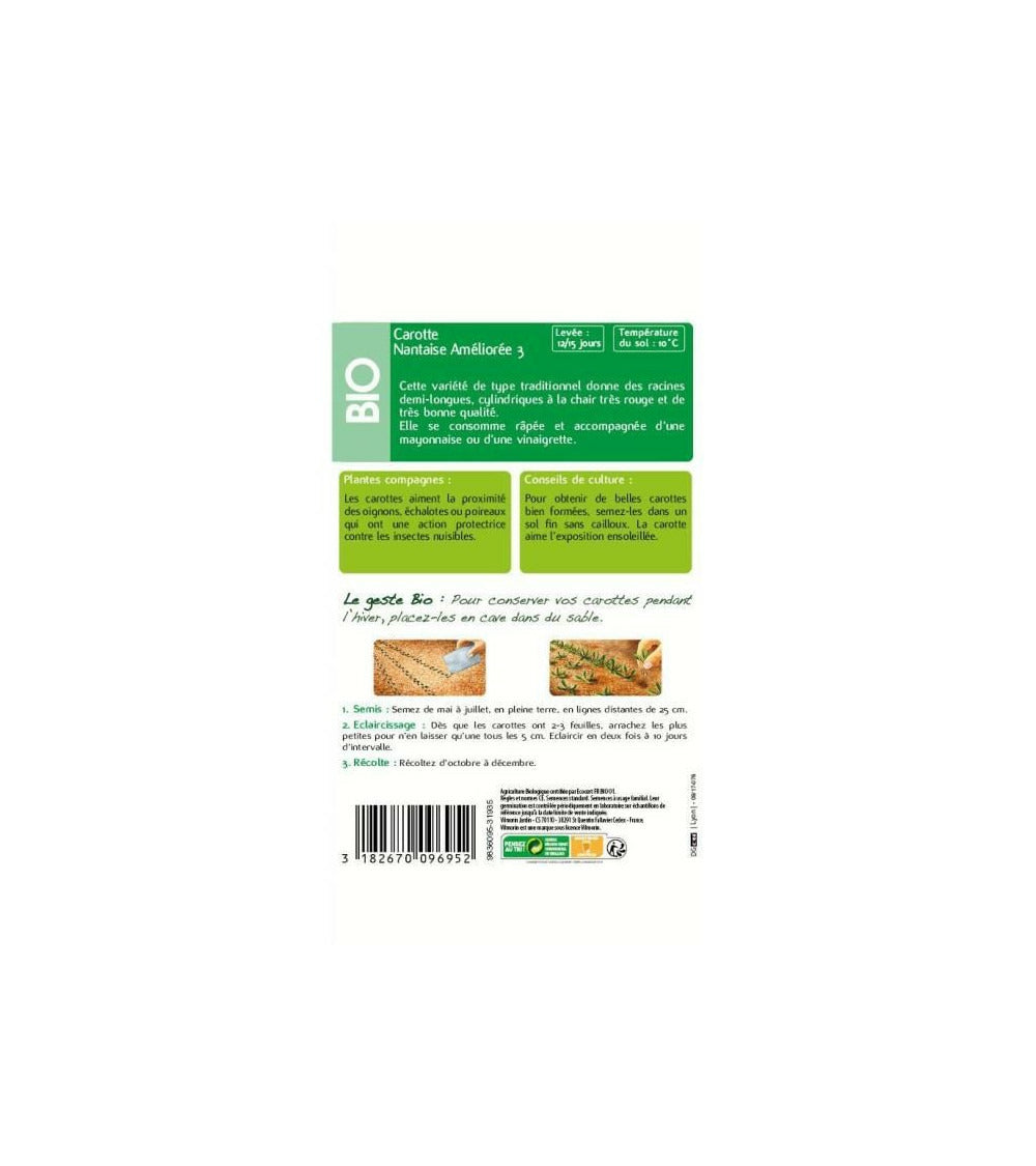 Sachet Graines Carotte Nantaise Améliorée 3 Bio - Daucus Carota