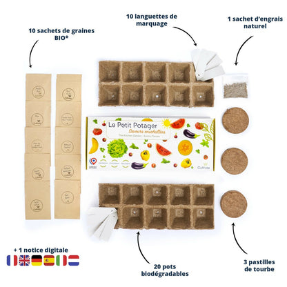  Cultivea Le Kit Prêt à Pousser Petit Potager Saveurs Anciennes - Herbes Aromatiques, Tomates, Chou Kale, Carotte