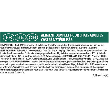  Croquettes Chat Adulte Stérilisé à La Dinde Super Premium - 3 Kg