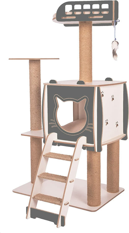  Arbre à Chat Avec Niche Escalier Griffoir En Bois Et Jute 115 Cm Ergo (Anthracite)