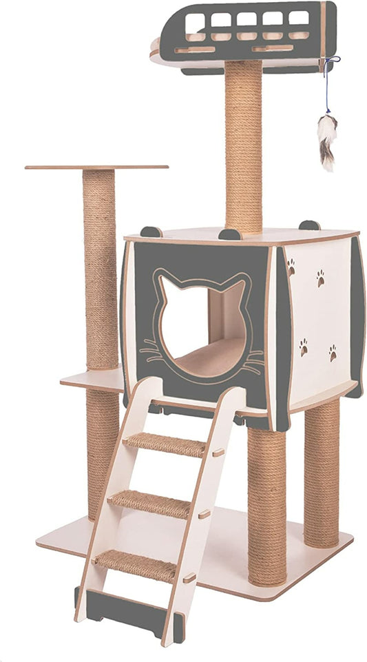 Arbre à Chat Avec Niche Escalier Griffoir En Bois Et Jute 115 Cm Ergo (Anthracite)