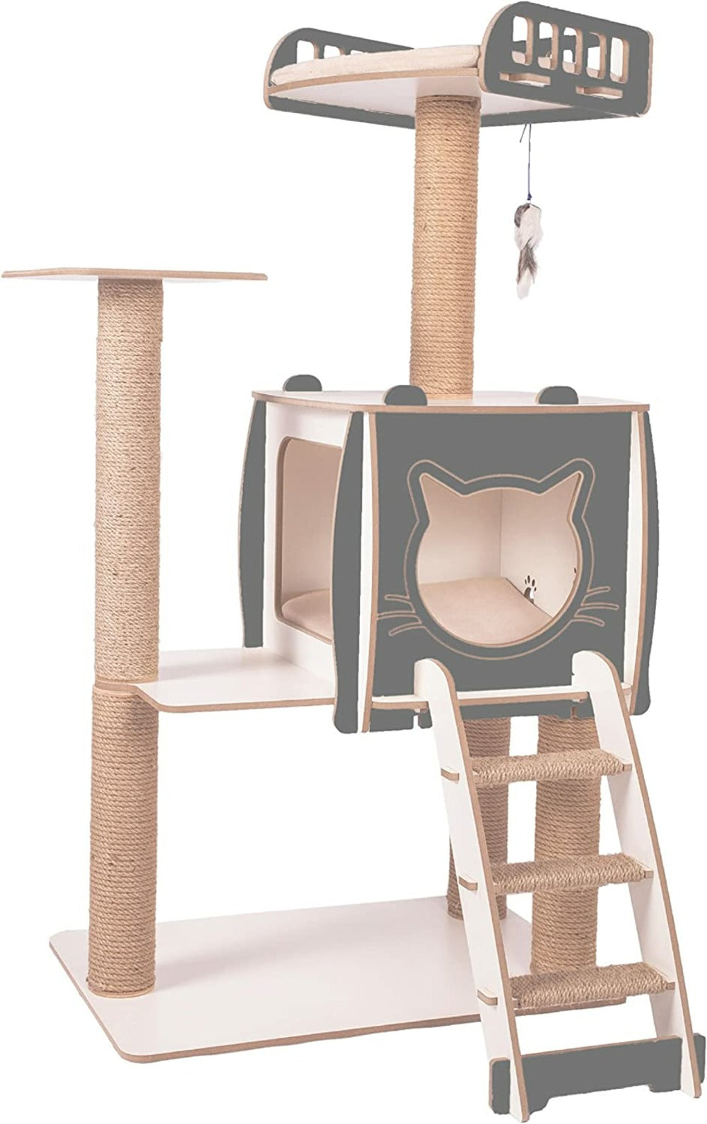  Arbre à Chat Avec Niche Escalier Griffoir En Bois Et Jute 115 Cm Ergo (Anthracite)