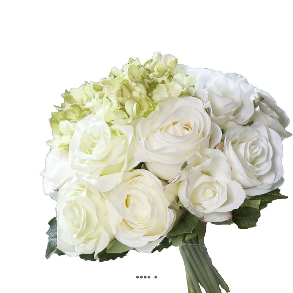  Bouquet De Roses Et Hortensias Factices Blanc-vert 13 Têtes D28cm - Couleur: Crè