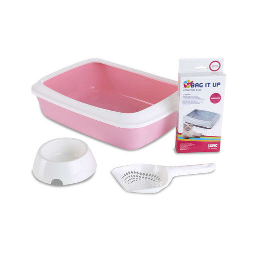 Savic Kit Iriz Rose Doux Pour Chat : Bac à Litière,gamelle,pelle Et Litière