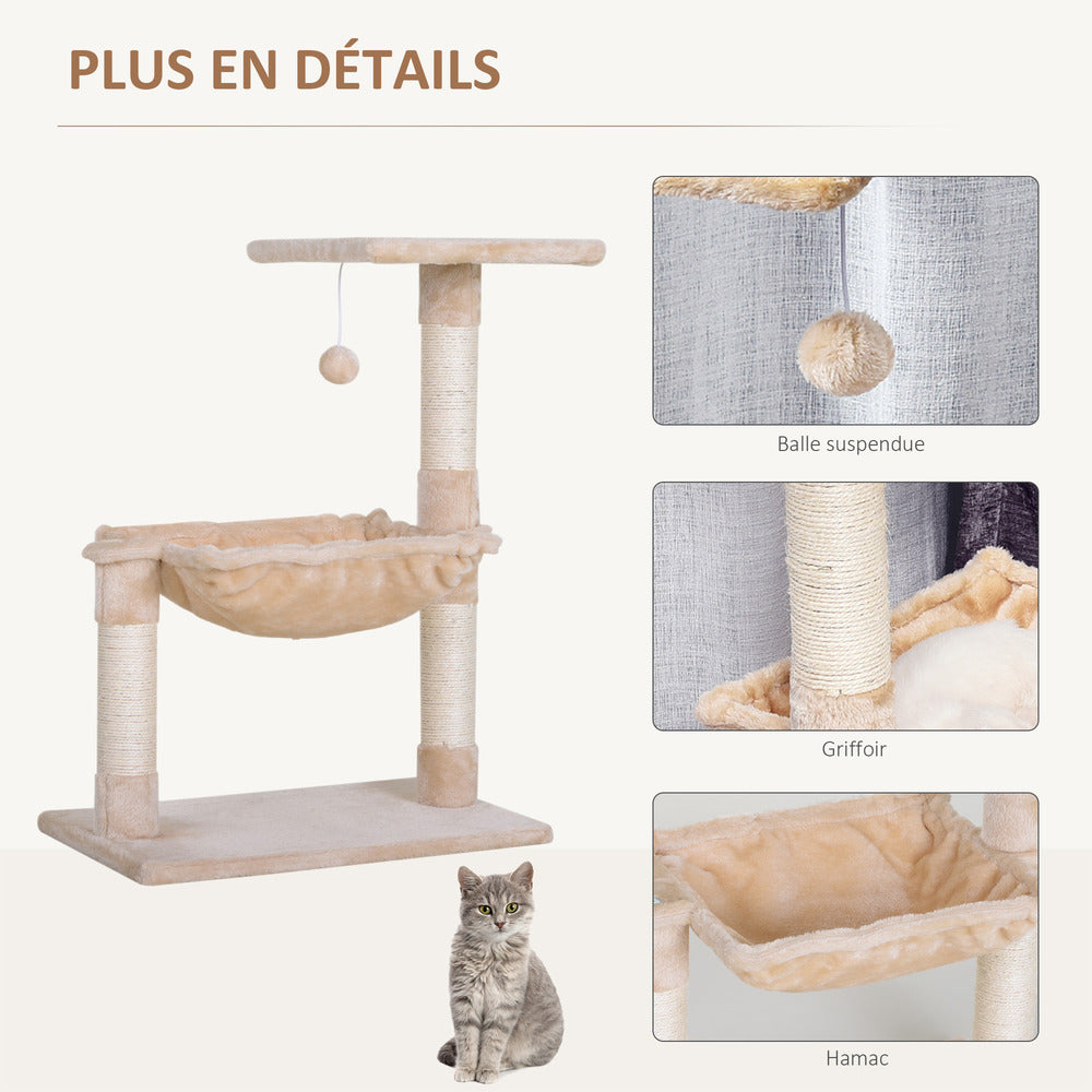 PawHut Arbre à Chat Griffoirs Sisal Naturel Plateforme Hamac Beige - 50l X 36l X 70cm