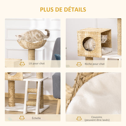 PawHut Arbre à Chat Style Cosy Chic Griffoirs Quenouille Beige - 57l X 37l X 100,5h Cm