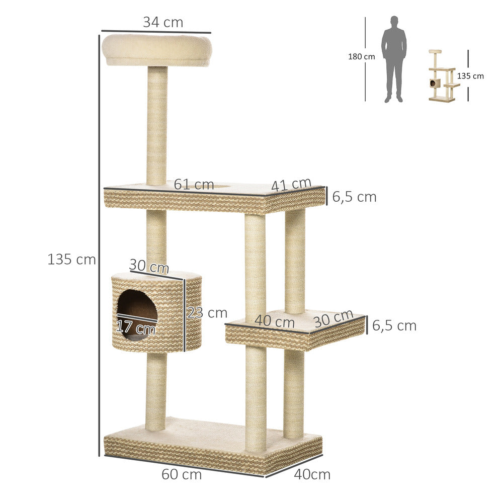 PawHut Arbre à Chats Style Cosy Chic Griffoirs Beige Café - 60l X 40l X 135h Cm