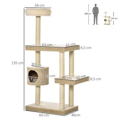 PawHut Arbre à Chats Style Cosy Chic Griffoirs Beige Café - 60l X 40l X 135h Cm