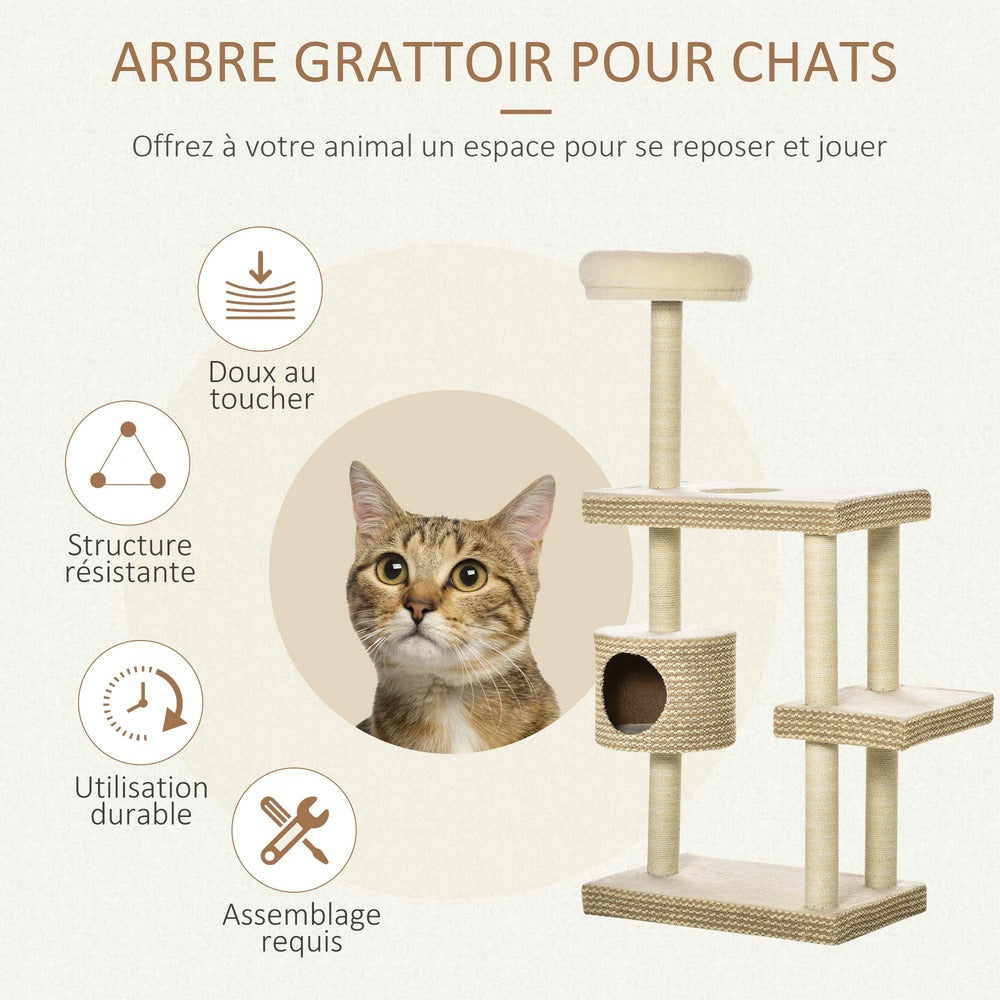PawHut Arbre à Chats Style Cosy Chic Griffoirs Beige Café - 60l X 40l X 135h Cm