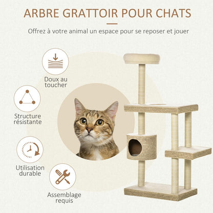 PawHut Arbre à Chats Style Cosy Chic Griffoirs Beige Café - 60l X 40l X 135h Cm