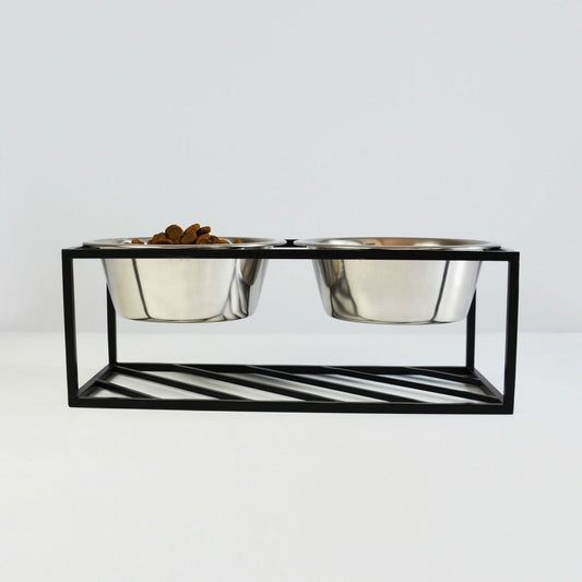  Olne - Set De 2 Gamelles Surélevées Pour Chien En Acier, Socle Design Métal Noir