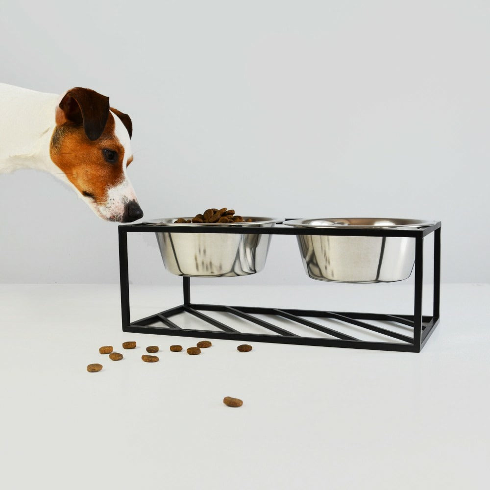  Olne - Set De 2 Gamelles Surélevées Pour Chien En Acier, Socle Design Métal Noir