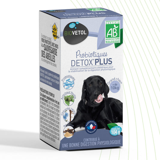  Probiotique Chien Bio Detox'plus - Complément Alimentaire Chien + 10 Kg - 104 G