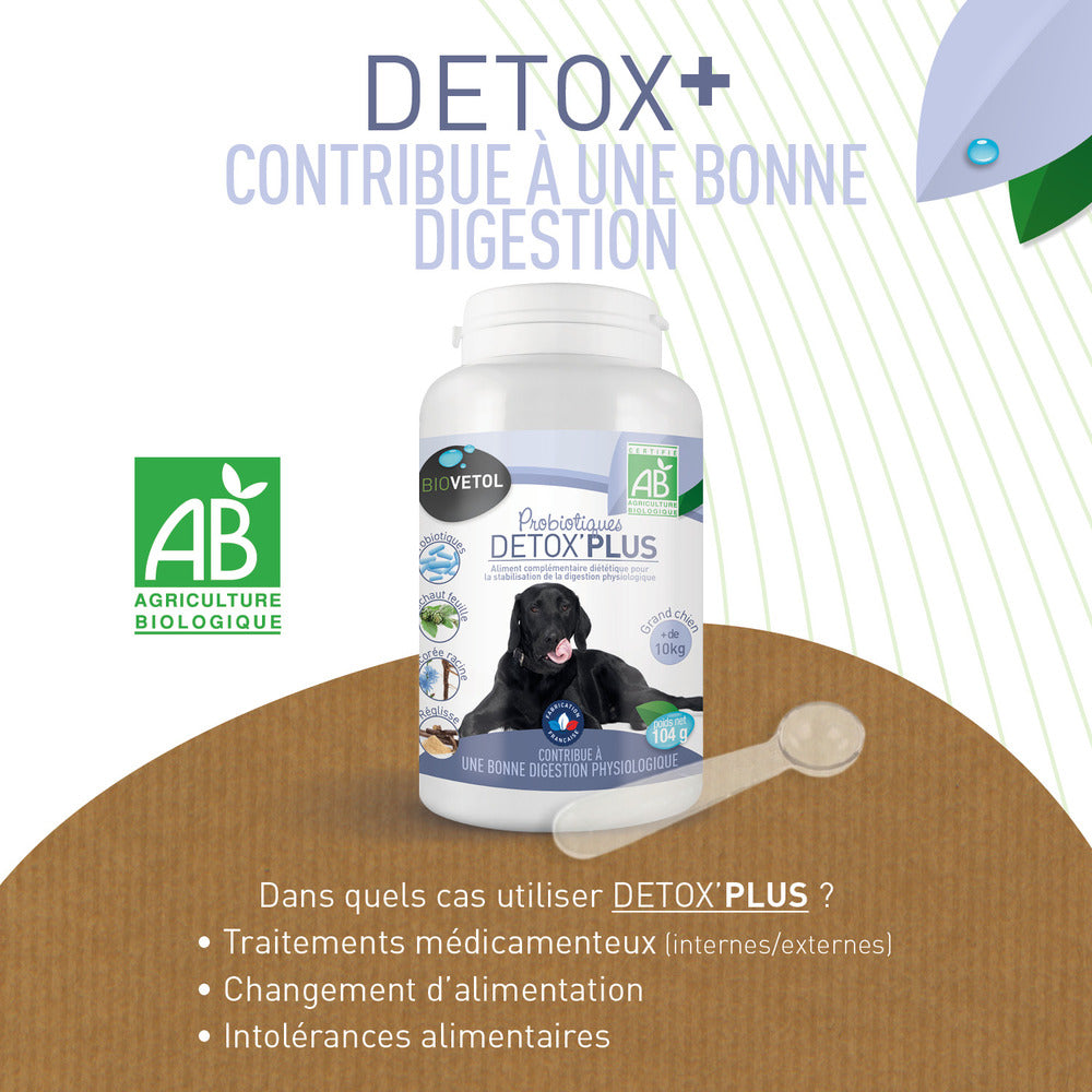  Probiotique Chien Bio Detox'plus - Complément Alimentaire Chien + 10 Kg - 104 G