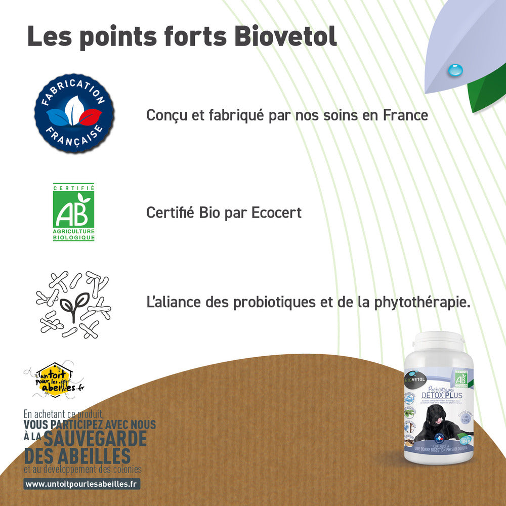  Probiotique Chien Bio Detox'plus - Complément Alimentaire Chien + 10 Kg - 104 G