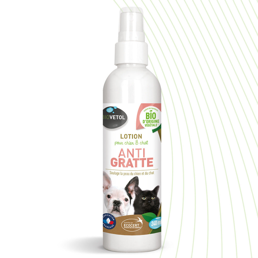 Lotion Anti-démangeaisons Chien Chat - Bio Certifié Ecocert- Tous Pelages- 240ml