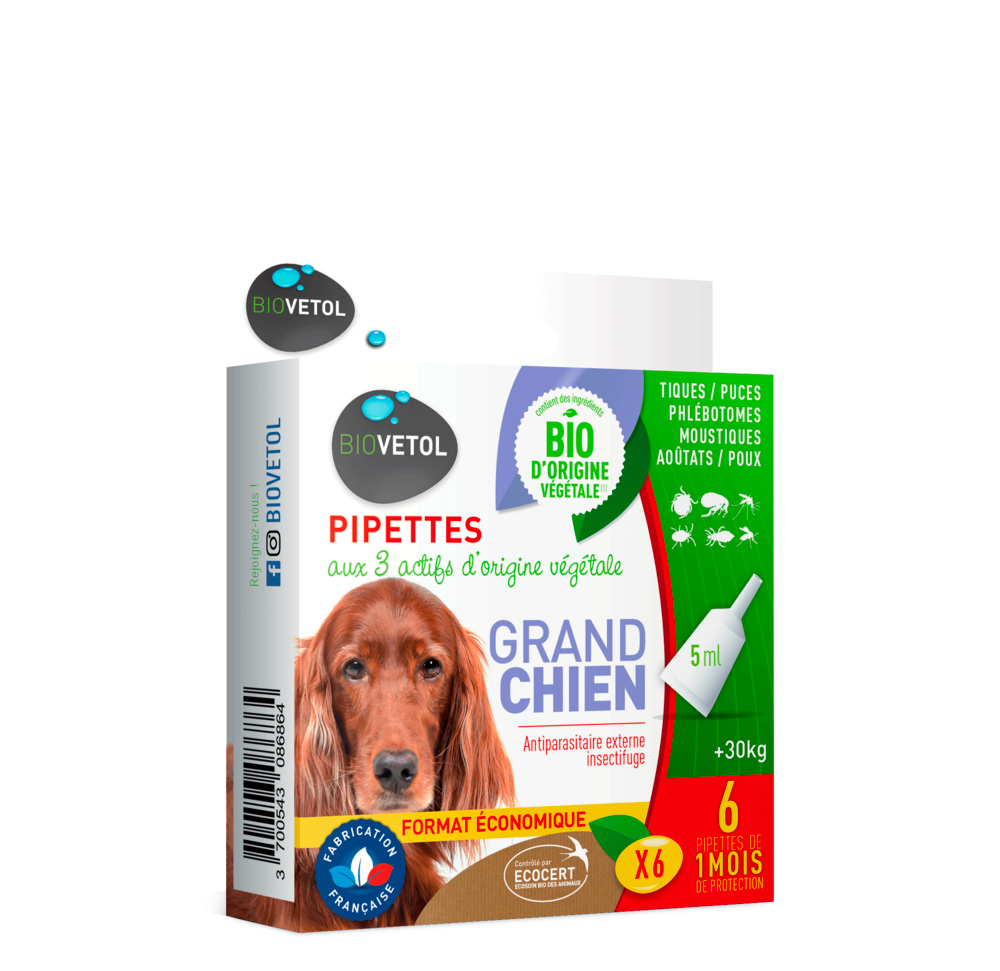  Pipettes Anti Puces Grand Chien Bio - Certifié Ecocert - 6 Pipettes * 5ml