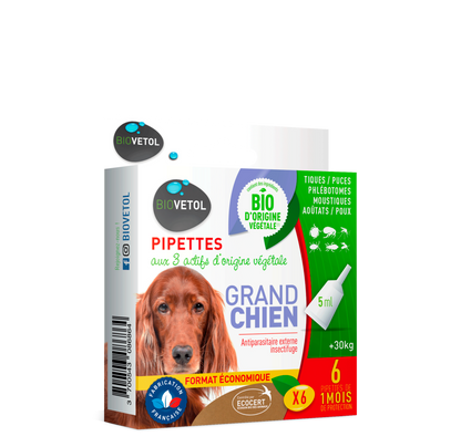  Pipettes Anti Puces Grand Chien Bio - Certifié Ecocert - 6 Pipettes * 5ml