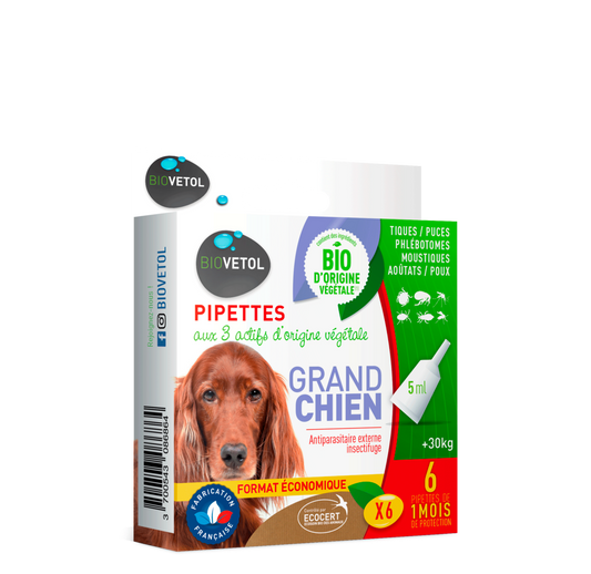  Pipettes Anti Puces Grand Chien Bio - Certifié Ecocert - 6 Pipettes * 5ml