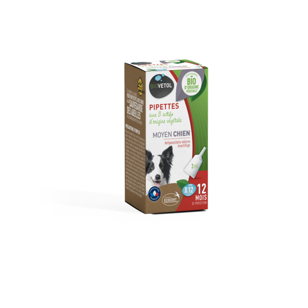  Pipettes Anti Puces Moyen Chien Bio - Certifié Ecocert 12 Pipettes De 3ml