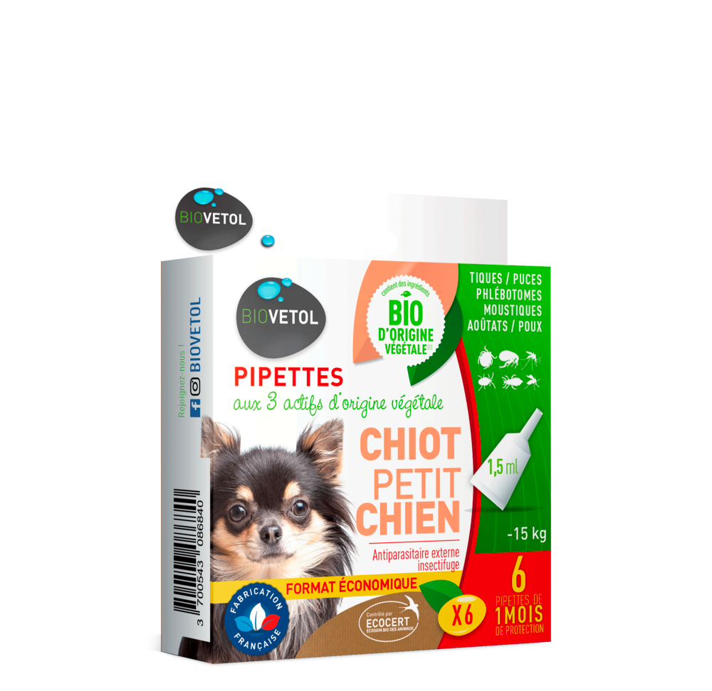  Pipettes Anti Puces Chiot/petit Chien-biocertifié Ecocert- 6 Pipettes*1,5ml