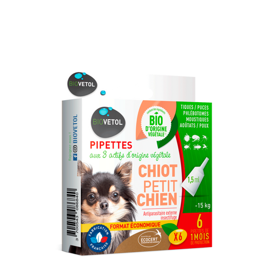  Pipettes Anti Puces Chiot/petit Chien-biocertifié Ecocert- 6 Pipettes*1,5ml
