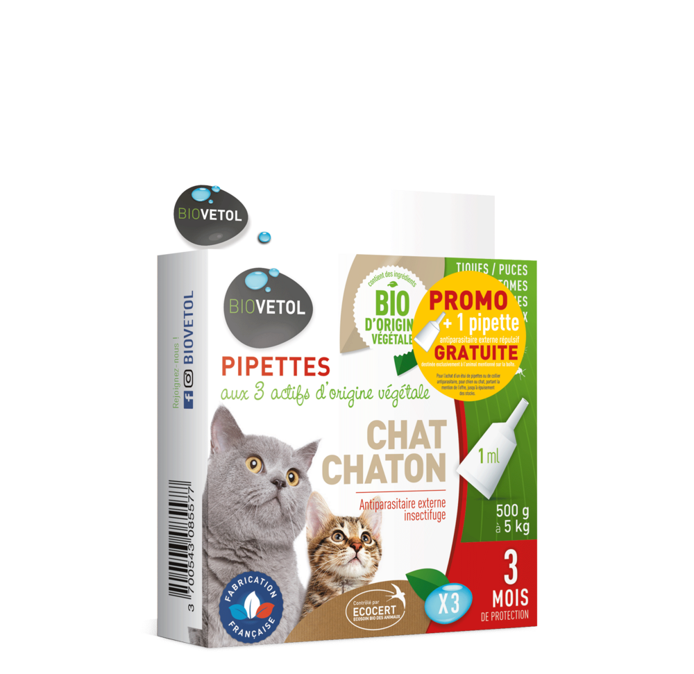  Pipettes Anti Puces Chat/chaton Bio - Certifié Ecocert - 4 Pipettes* 1ml