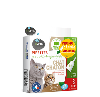  Pipettes Anti Puces Chat/chaton Bio - Certifié Ecocert - 4 Pipettes* 1ml