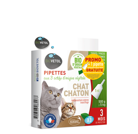  Pipettes Anti Puces Chat/chaton Bio - Certifié Ecocert - 4 Pipettes* 1ml