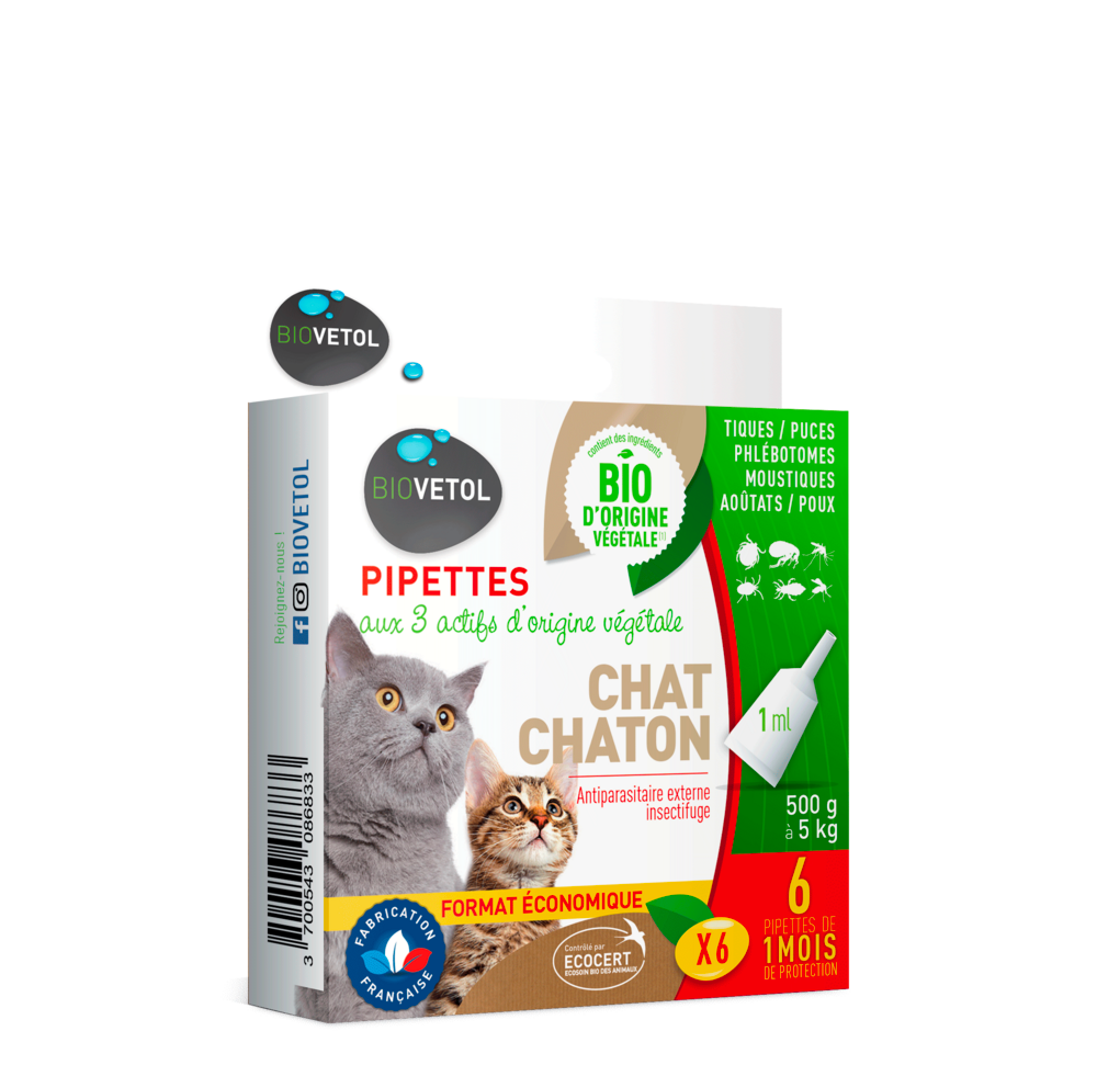  Pipettes Anti Puces Chat/chaton Bio - Certifié Ecocert - 6 Pipettes* 1ml