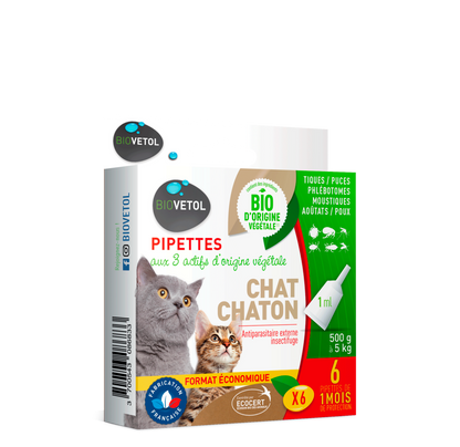  Pipettes Anti Puces Chat/chaton Bio - Certifié Ecocert - 6 Pipettes* 1ml