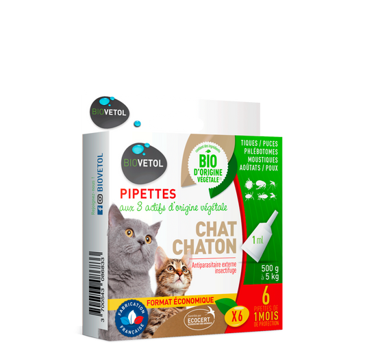  Pipettes Anti Puces Chat/chaton Bio - Certifié Ecocert - 6 Pipettes* 1ml