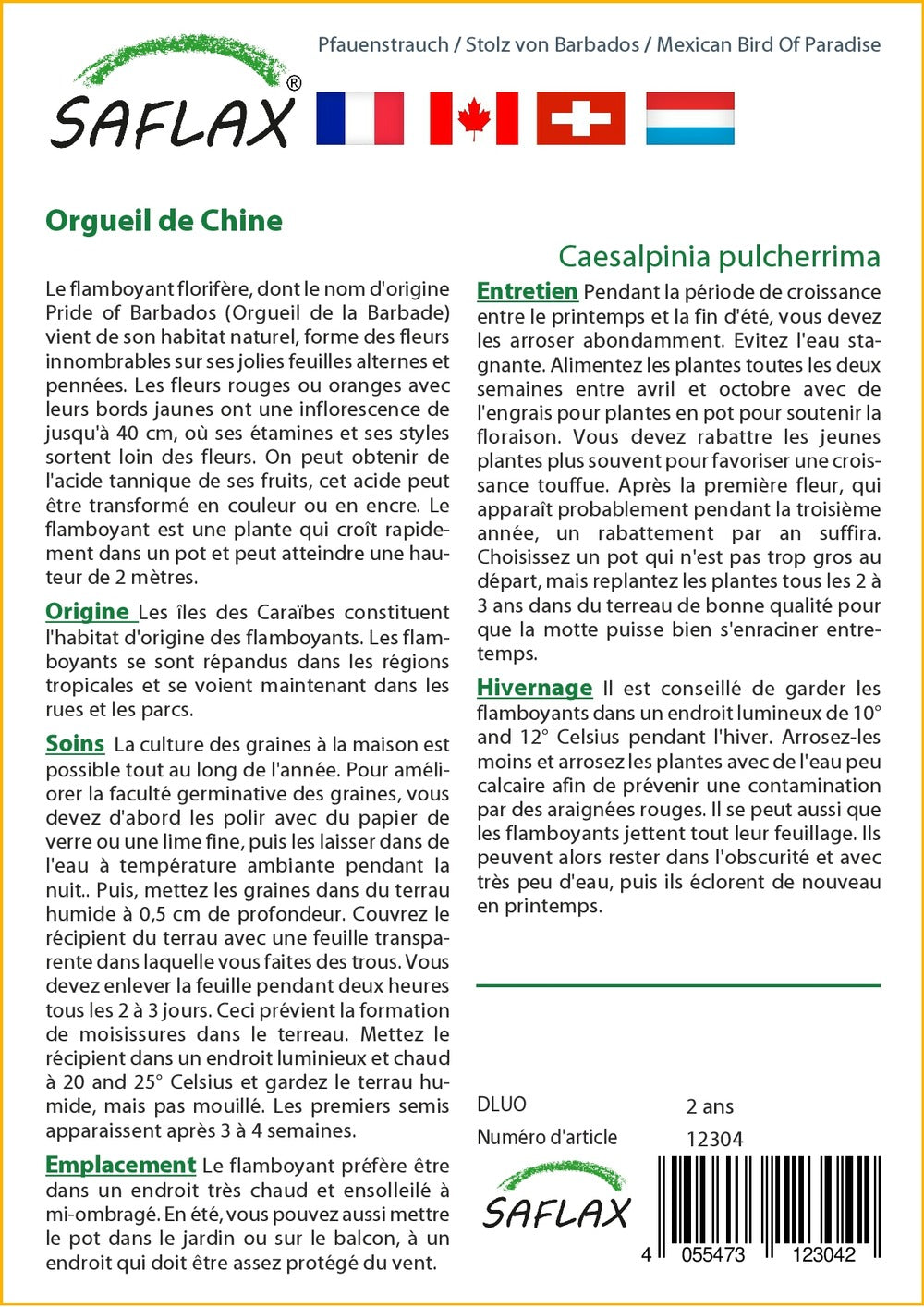  Orgueil De Chine - 10 Graines - Caesalpinia Pulcherrima