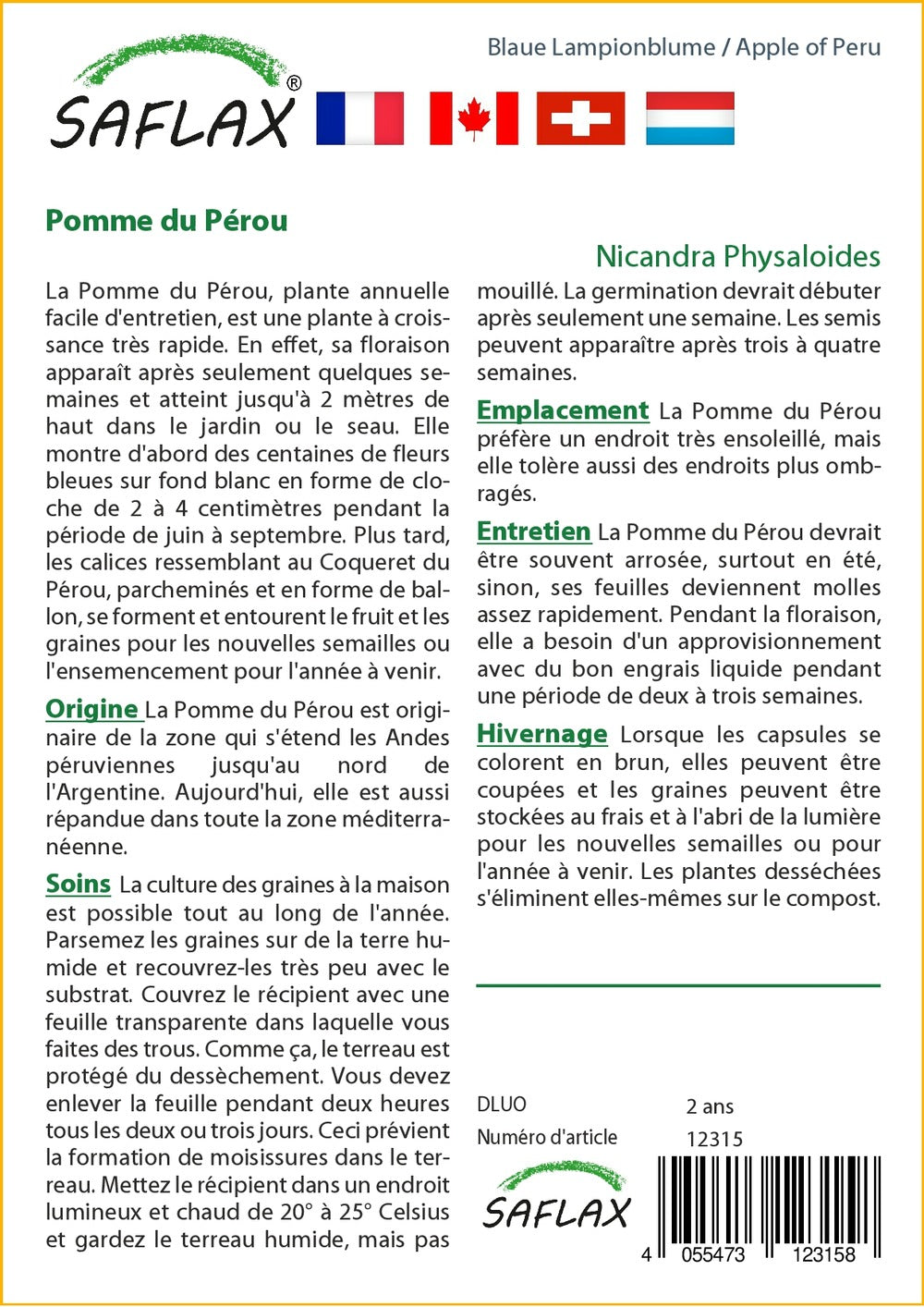  Pomme Du Pérou - 100 Graines - Nicandra Physaloides