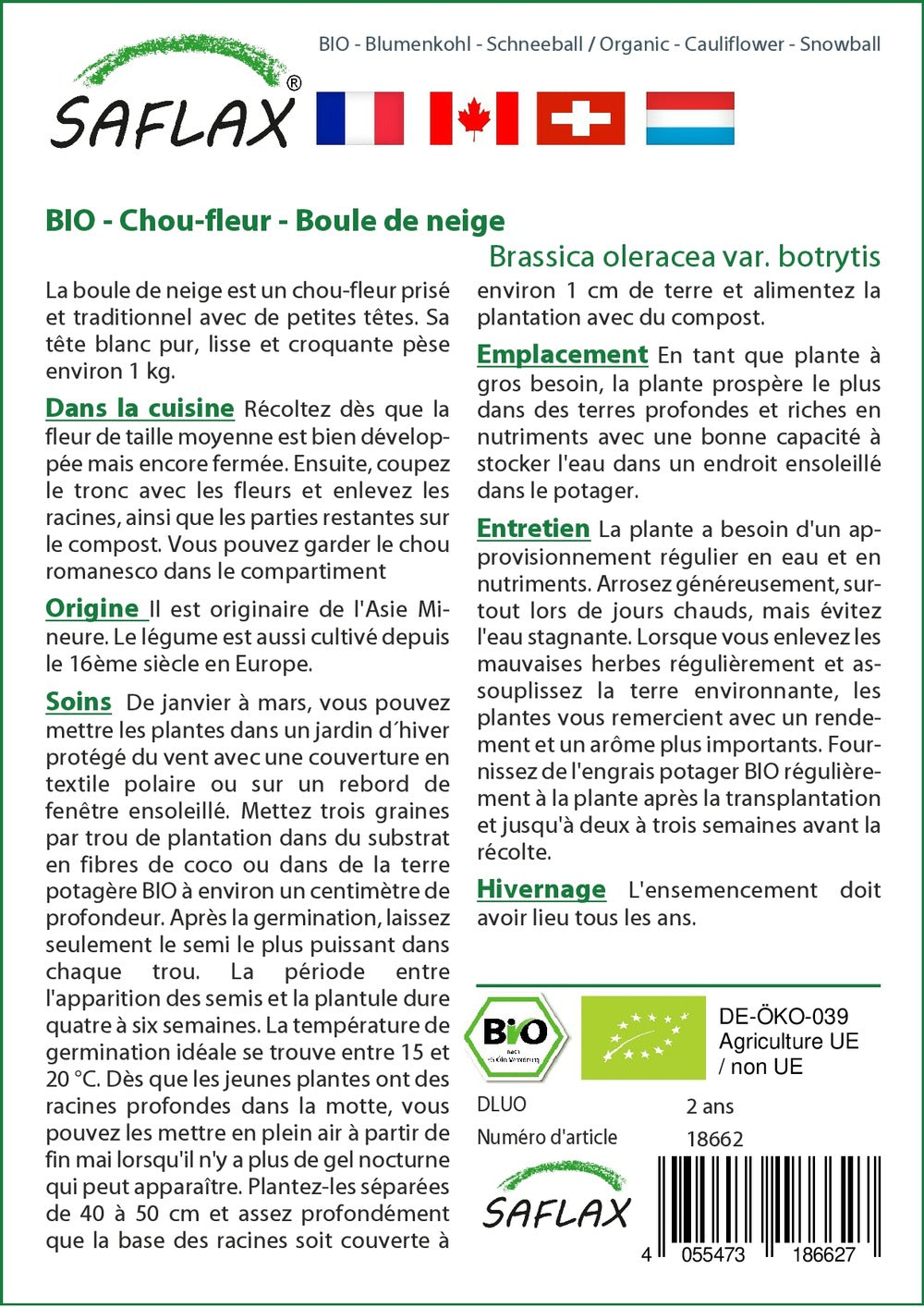  Kit De Culture - Bio - Chou-fleur - Boule De Neige - 70 Graines - Brassica Oleracea Var. Botrytis