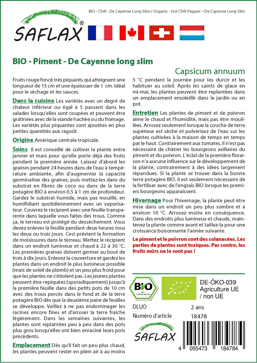  Kit De Culture - Bio - Piment - De Cayenne Long Slim - 10 Graines - Capsicum Annuum