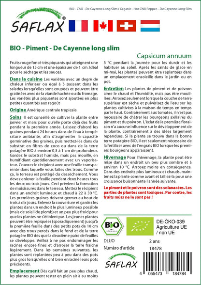  Kit De Culture - Bio - Piment - De Cayenne Long Slim - 10 Graines - Capsicum Annuum