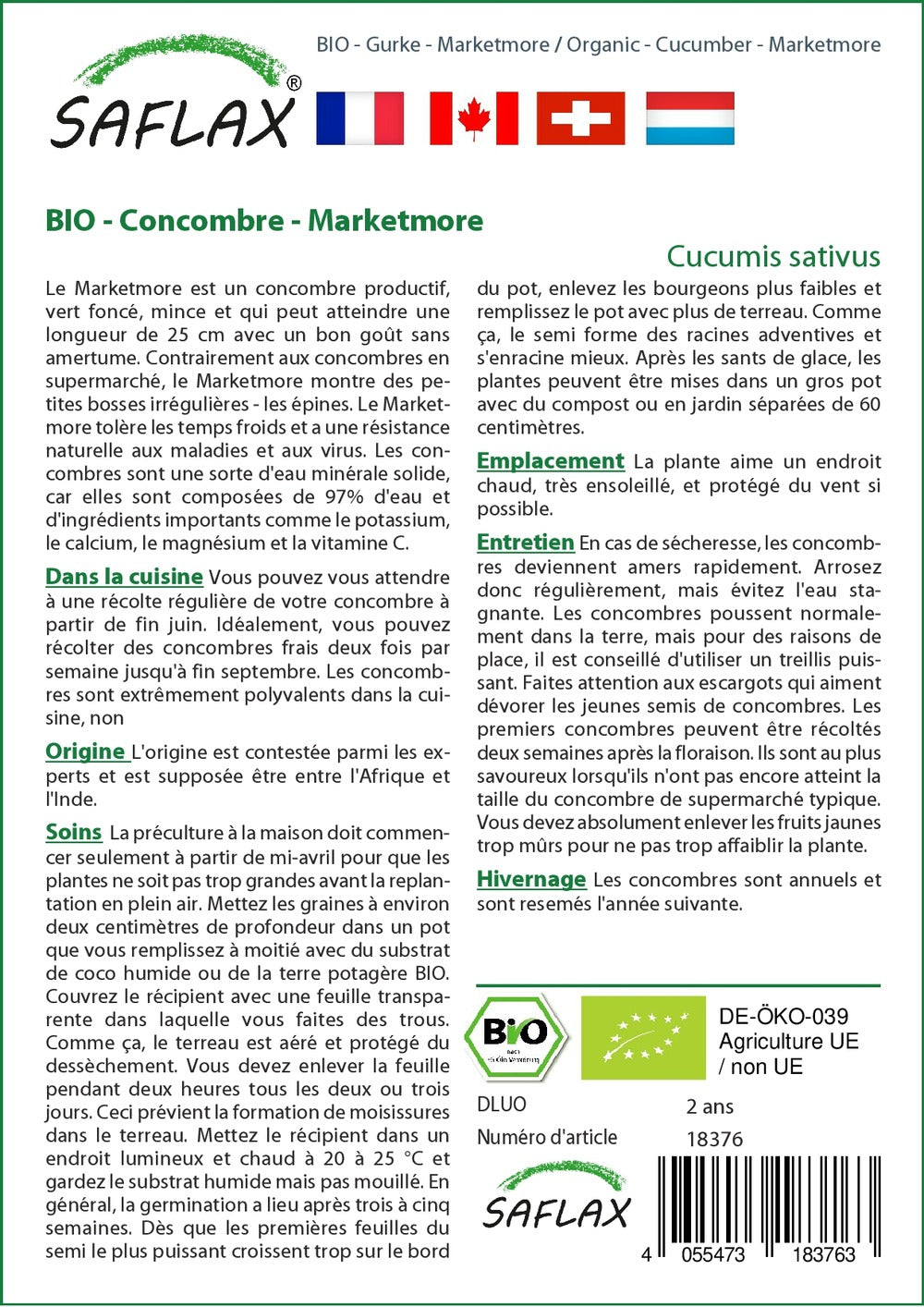  Kit De Culture - Bio - Concombre - Marketmore - 20 Graines - Cucumis Sativus