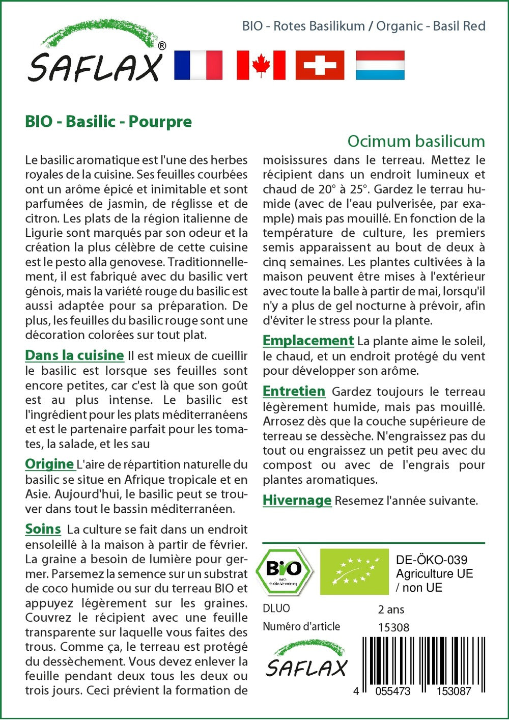  Kit De Culture - Bio - Basilic - Pourpre - 400 Graines - Ocimum Basilicum