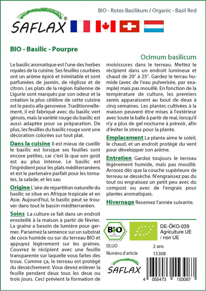  Kit De Culture - Bio - Basilic - Pourpre - 400 Graines - Ocimum Basilicum