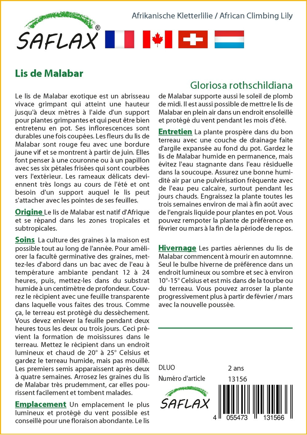  Kit De Culture - Lis De Malabar - 15 Graines - Gloriosa Rothschildiana